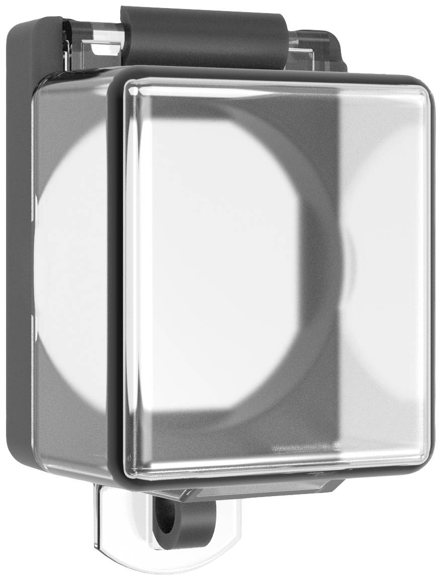 Transparent protective socket cover with a black and white design, openable, suitable for safe outdoor or indoor installation.