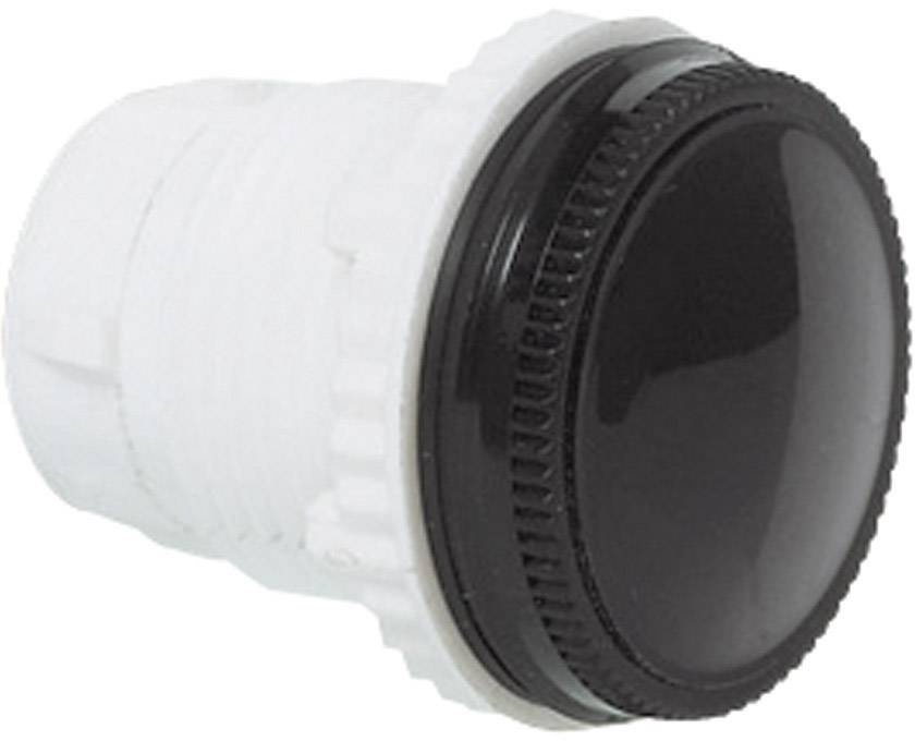 Black push button with white housing, used for operating machines or devices.