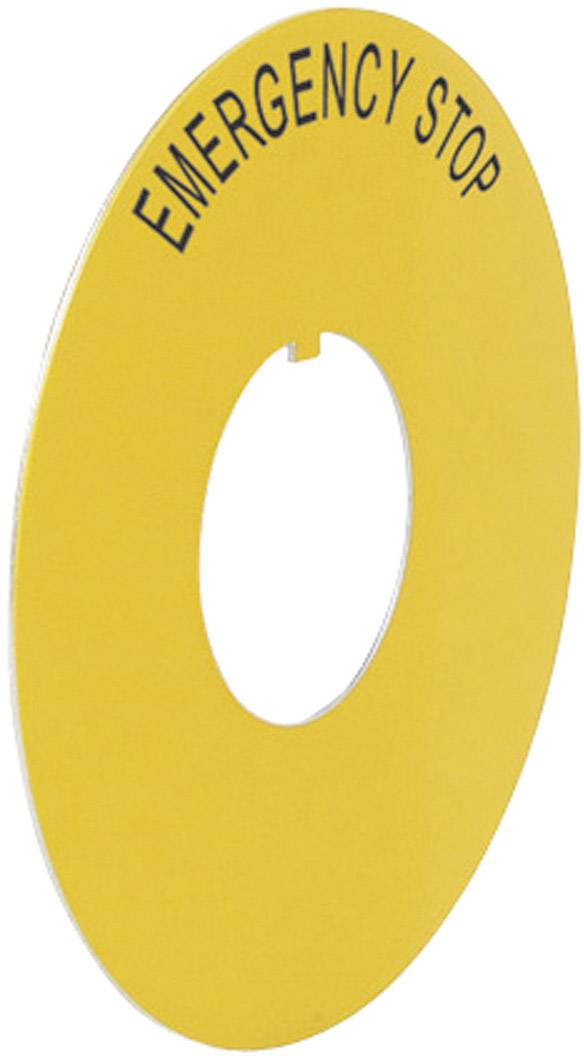 Yellow emergency stop sign with the text 'EMERGENCY STOP', circular, used to mark an emergency cut-off switch.