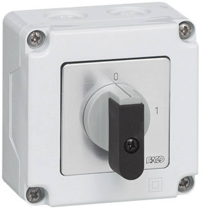 A grey electrical switch with a black lever. The switch is mounted on a rectangular plate marked with the positions '0' and '1'.