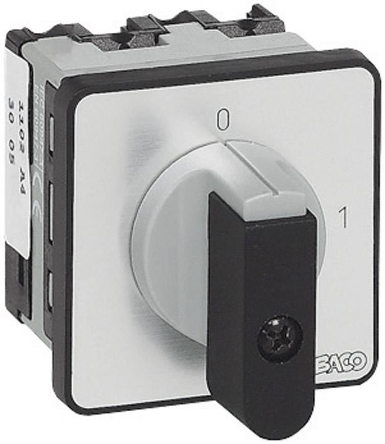 Rotary switch with a black handle positioned at 0, next to position 1. Square design with marked positions.