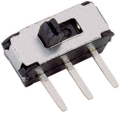 A small toggle switch with three metal pins. The switch is rectangular and manufactured from metal and plastic.