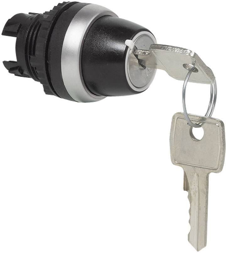 Key switch with inserted key. The switch is black with a silver border and a single metal key in the lock.Key switch with an inserted key. The switch is black with a silver rim and a single metal key in the keyhole.