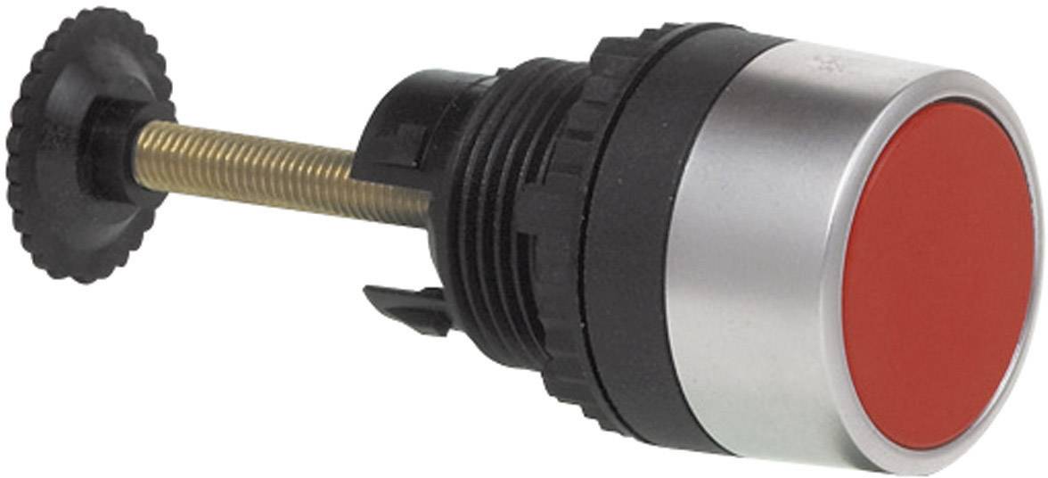 Red emergency stop push button with silver rim and black plastic base, viewed from the side.