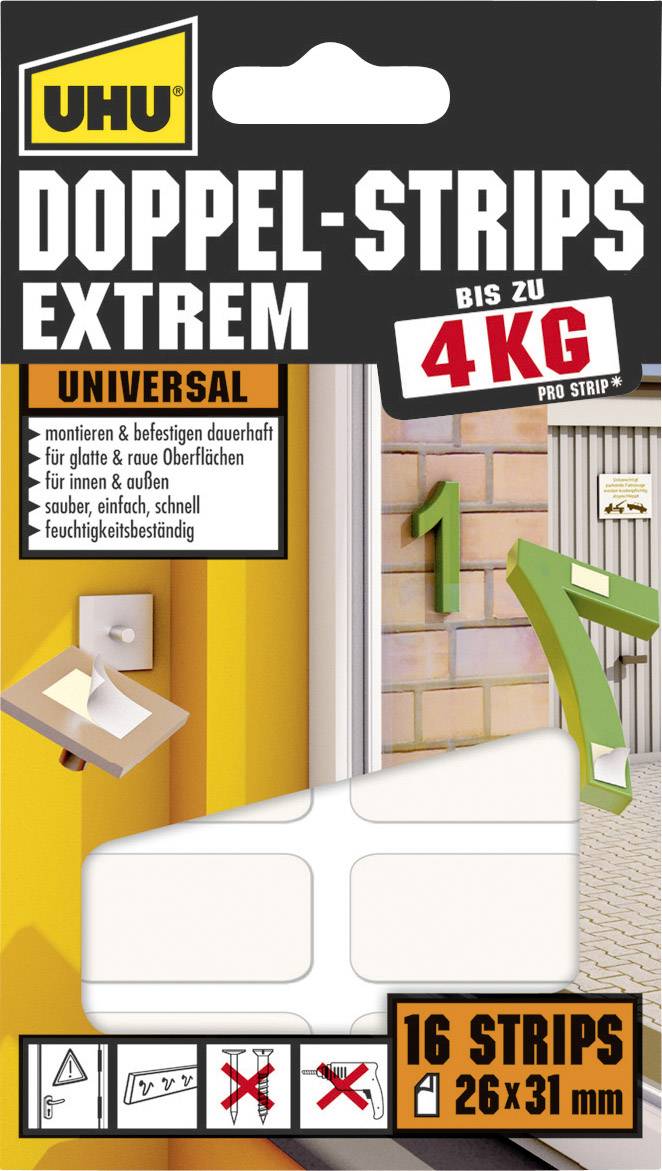 Packaging for UHU Double-Strips Extreme. Universal adhesive strips capable of holding up to 4 kg, pack of 16, suitable for smooth and rough surfaces.
