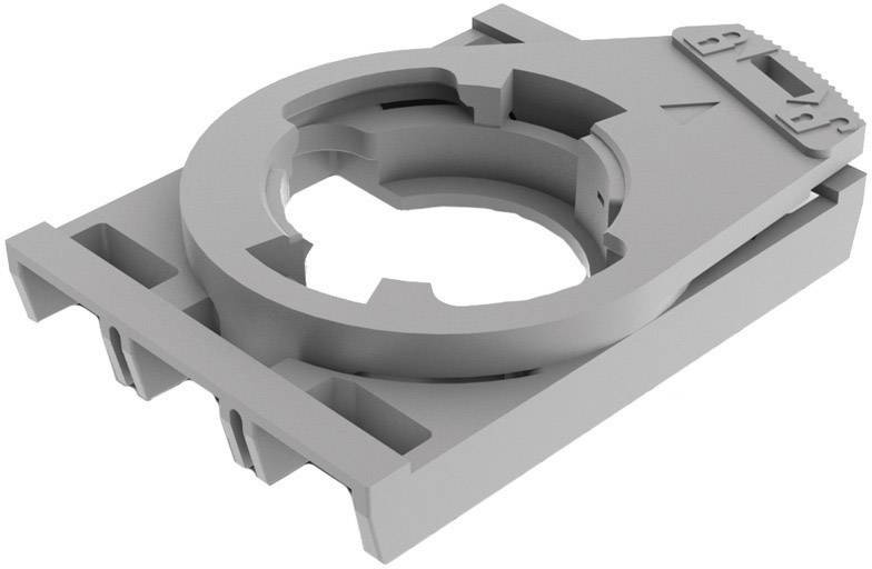 Grey, rectangular plastic component with a circular opening and ribbed edges, potentially a mounting frame for a device or a fastening bracket.