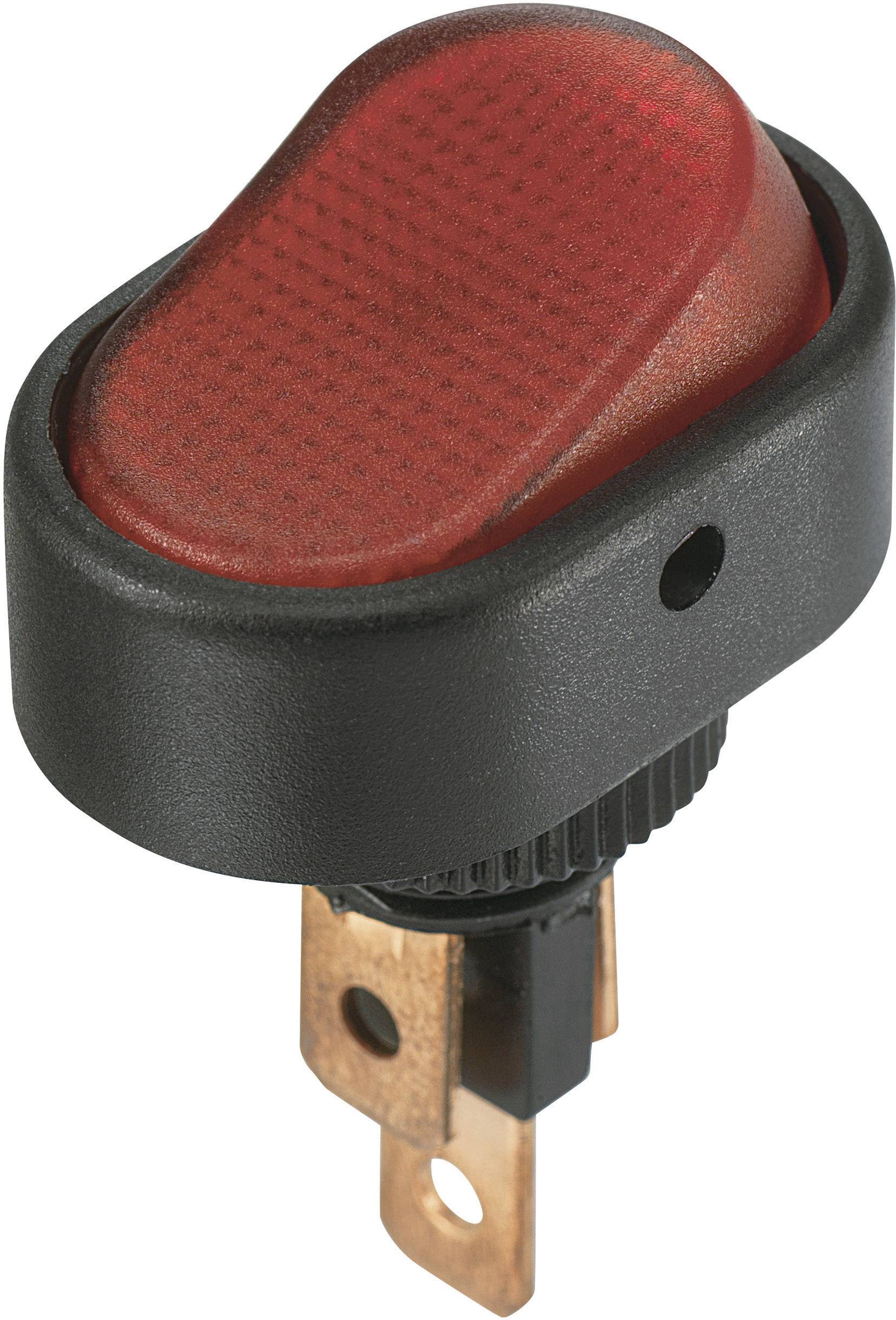 A red toggle switch with a black casing, suitable for electronic devices, indicates its position when activated.