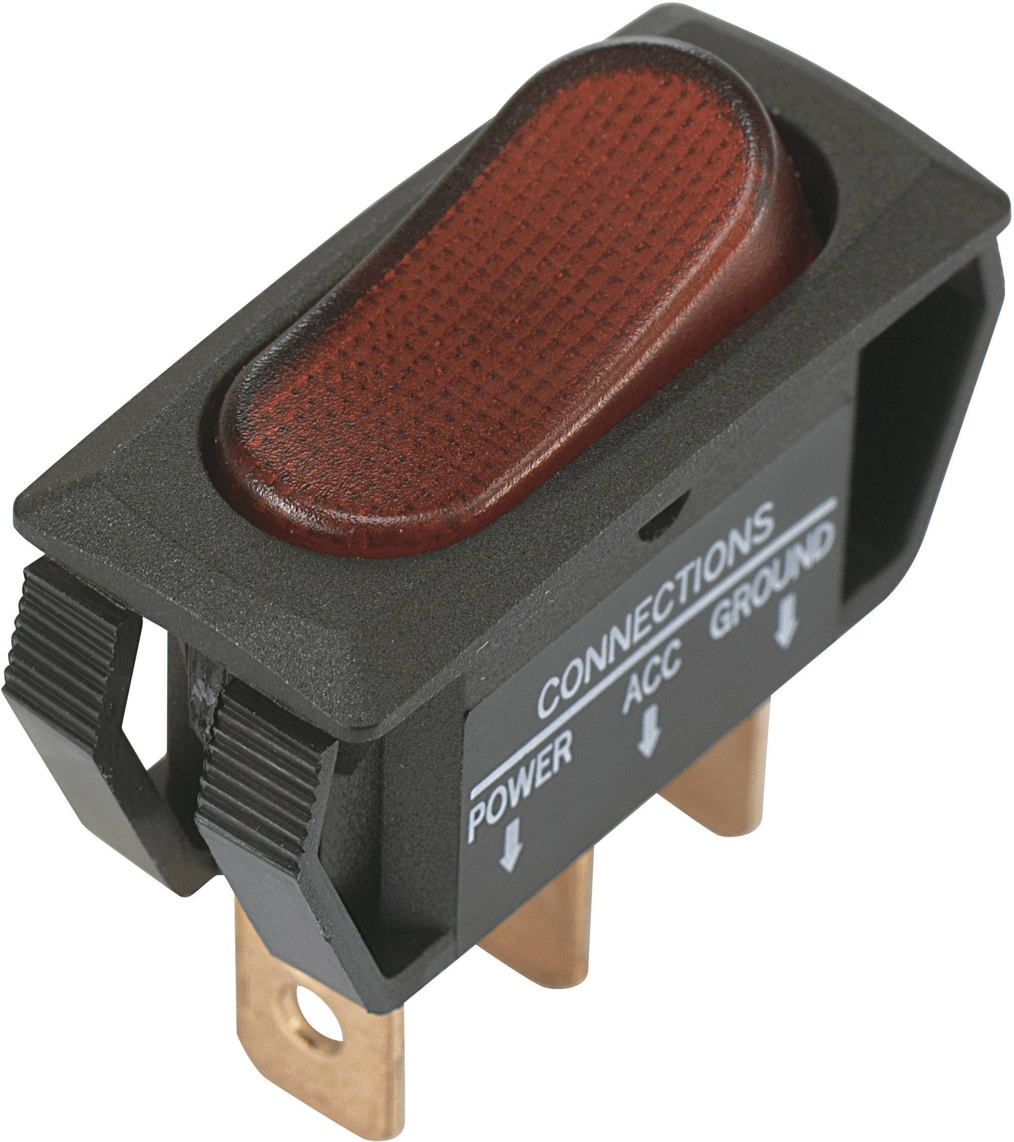Red toggle switch with 'CONNECTIONS' label and connections 'POWER', 'ACC', 'GROUND', with copper contacts for electrical connection beneath.