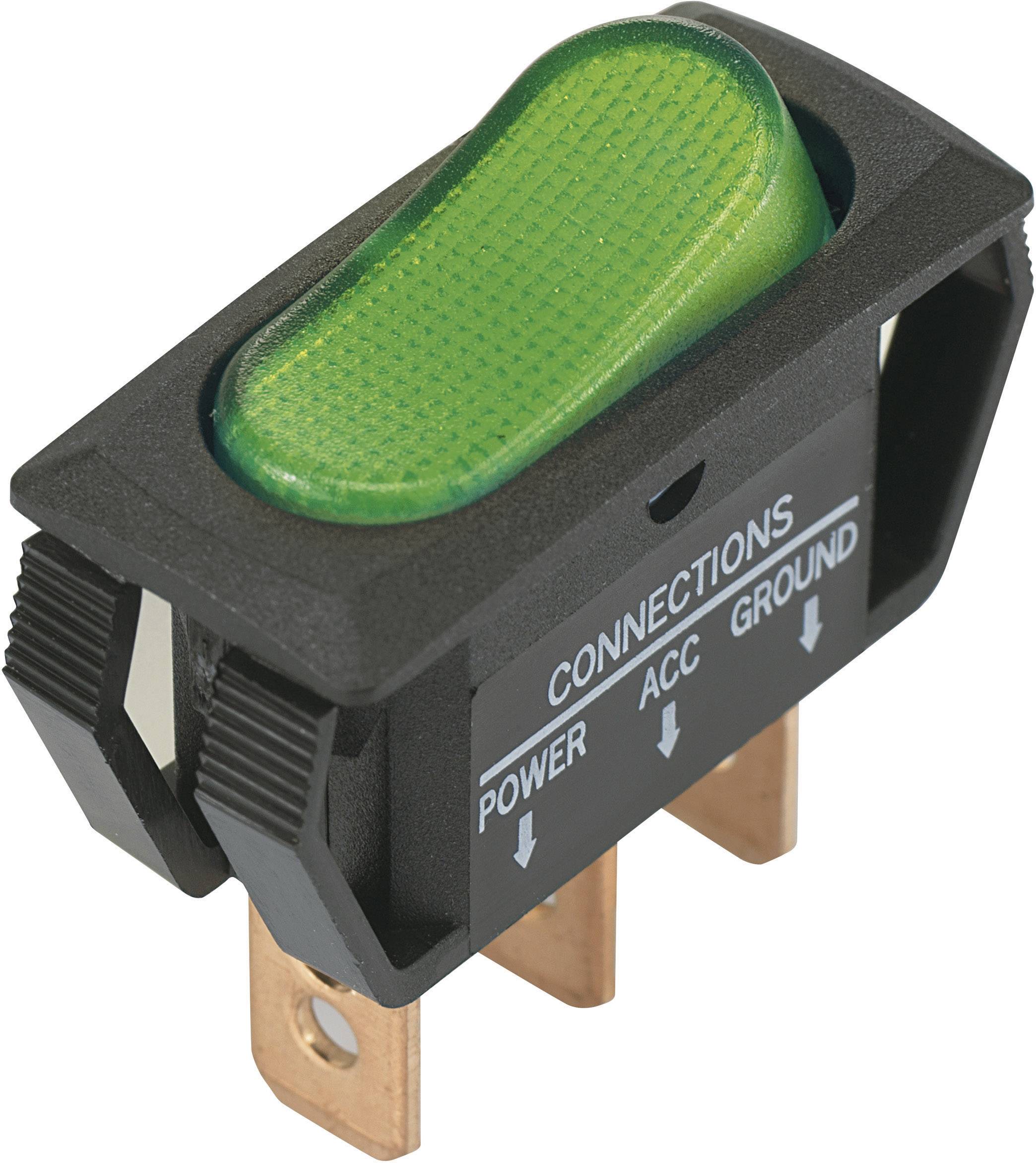 A toggle switch with a green switch, labels inside: 'Connections', 'Power', 'Acc', 'Ground'. Three copper contacts visible.