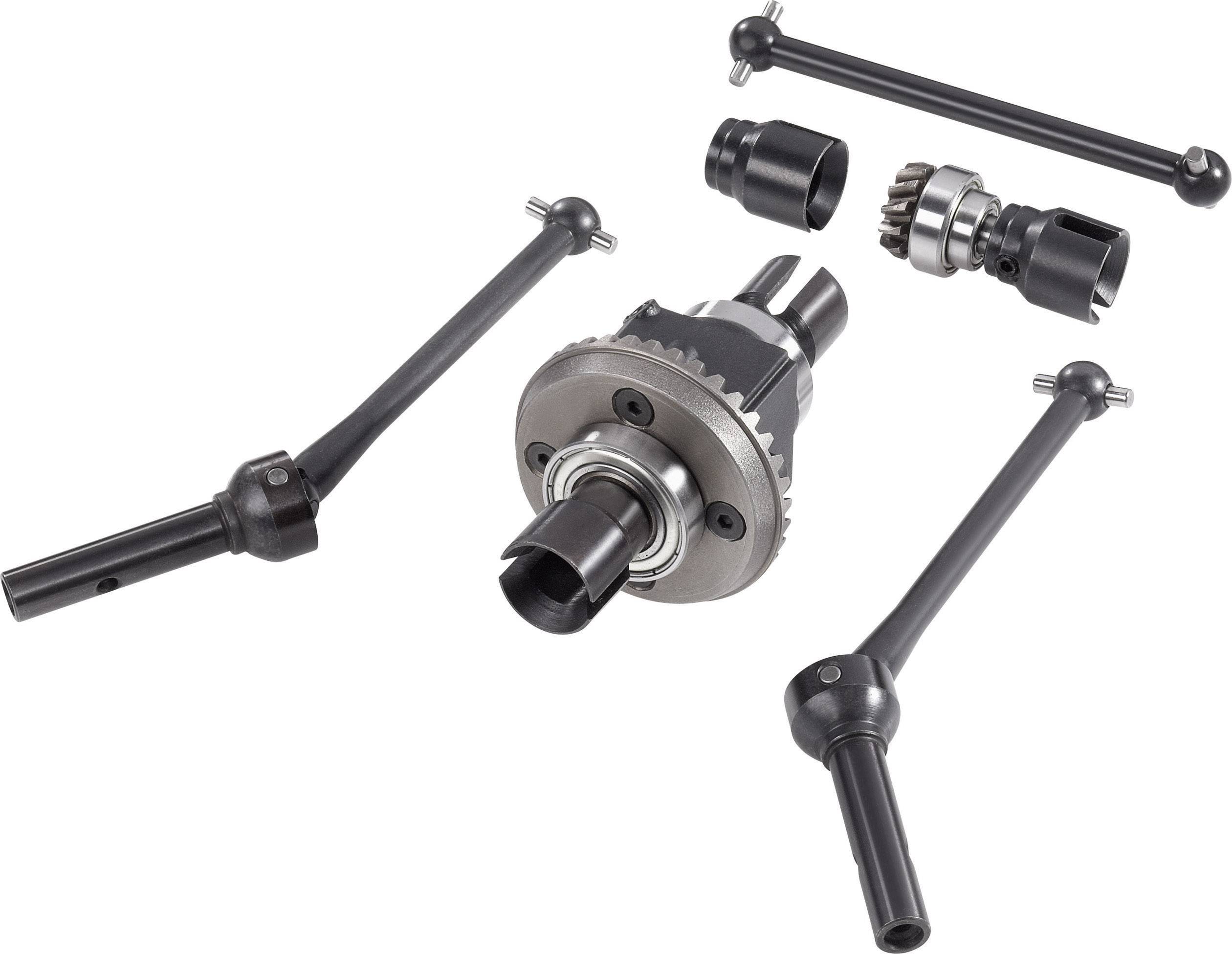 Several metal components of an RC car drivetrain, including axles and gears, on a white background.