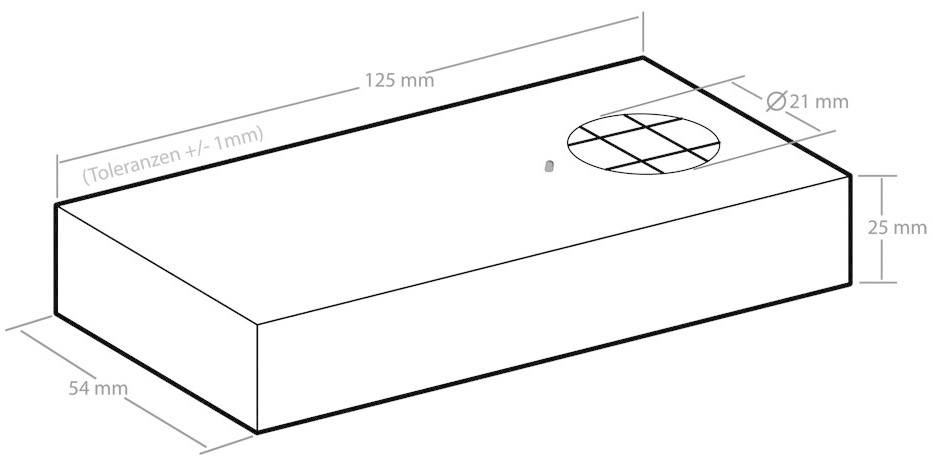 Isometric drawing of a rectangular block with dimensions 125 mm x 54 mm x 25 mm. A circle with Ø 21 mm is marked on the top surface. Tolerances: +/- 1 mm.
