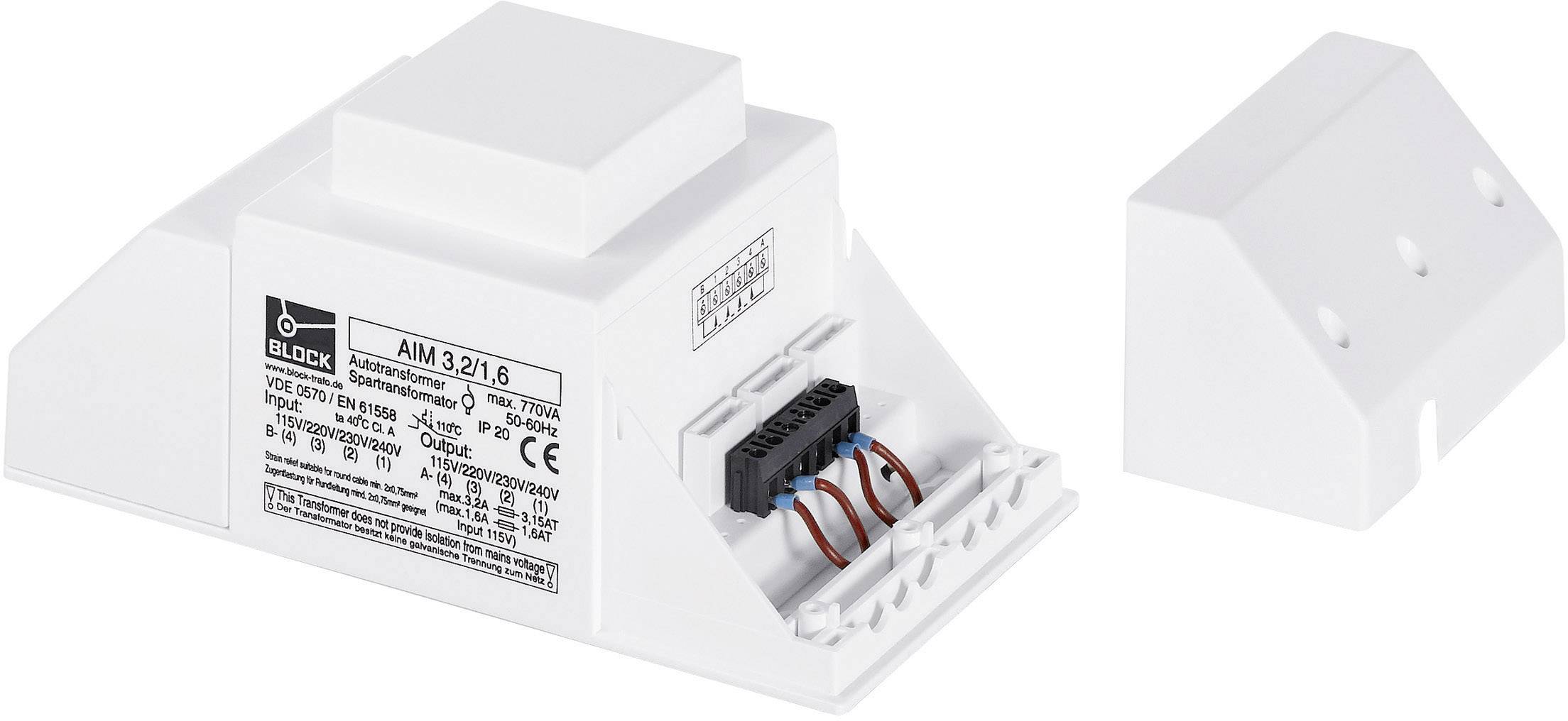 A white electronic component with its cover removed reveals internal cable connections. A label with technical details is situated on its surface.