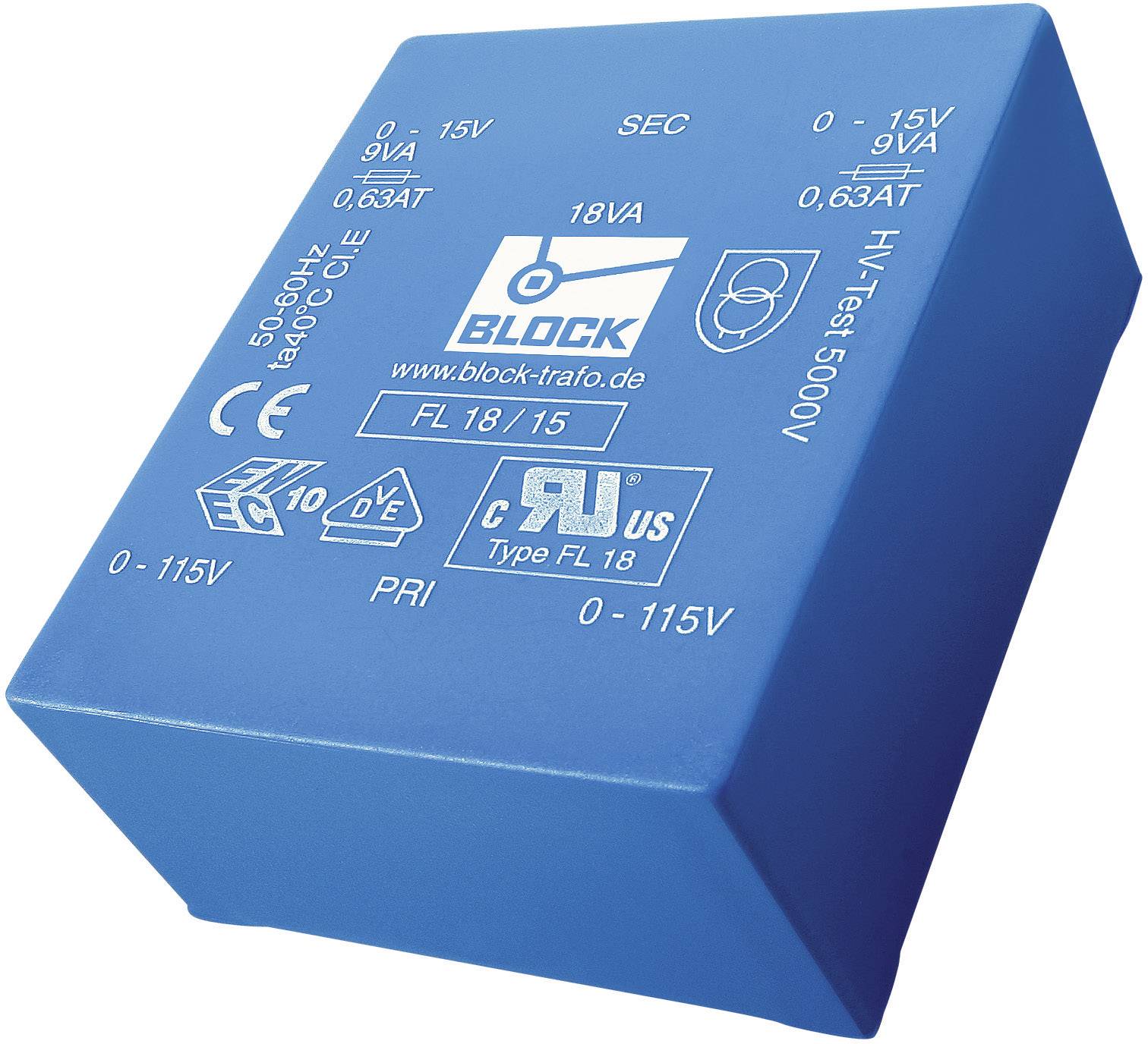 Blue transformer with the label 'BLOCK', technical specifications such as voltages, power rating 18VA, safety symbols and test details visible.