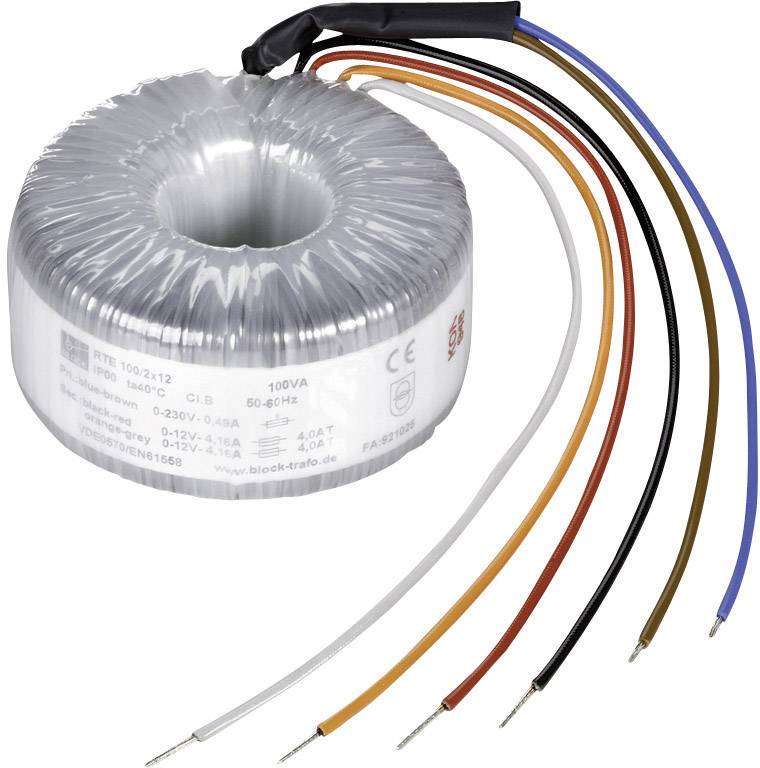 A toroidal transformer with multiple coloured cables for power connections, used for voltage conversion in electrical devices.