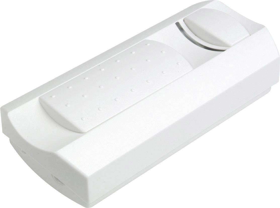 A white, rectangular remote control or switch body with a textured button and an additional sliding or rotary control.