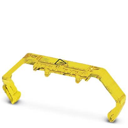 Yellow plastic piece with a warning symbol, seemingly a protective cover or guard for technical equipment, possibly for safety purposes.