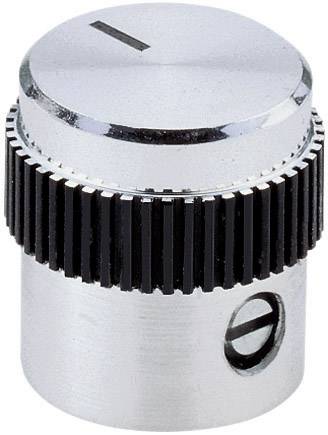 A silver, cylindrical rotary knob with a ridged edge. A narrow groove is visible on the top.