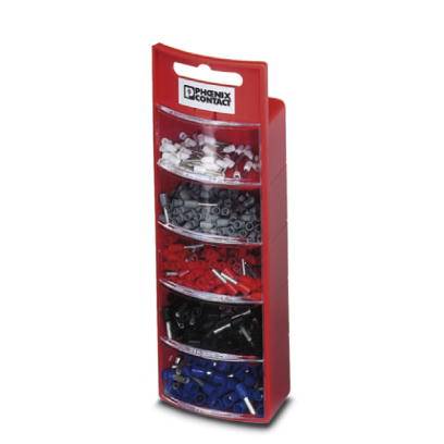 A red organiser contains various cable shoes in five compartments, sorted by colours: white, grey, red, black, blue.