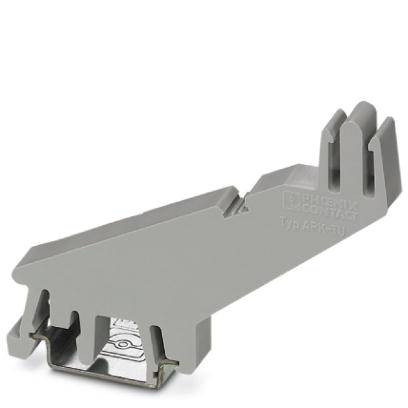 A grey plastic cable trunking holder with a metallic mounting clip at the bottom. It is used for securing cable trunking.
