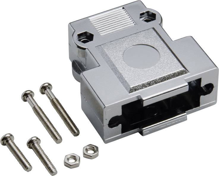 Metal housing for D-sub connector with openings for screws and nuts.