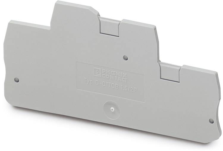 A grey plastic cover plate from Phoenix Contact, model type D-OTTB 1.5/2P, serves as a termination for switchboard modules.
