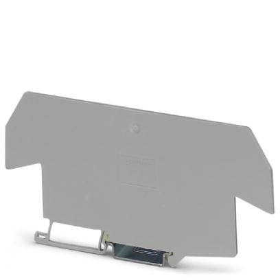 Plastic end mount for a DIN rail in an electrical control cabinet. Used for securing terminal blocks.