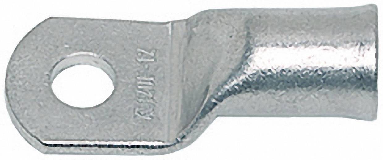 Metal eyelet with a hole for connecting cables; robust, silvery shiny surface.