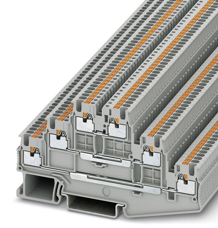 A multi-tier grey terminal block with orange levers, used for electrical wiring in control cabinets.