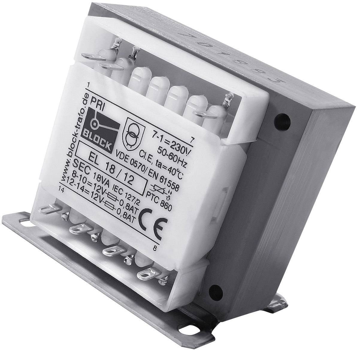 Compact transformer with a metallic enclosure and electrical connections, suitable for 7.1 - 230 V, 50-60 Hz.