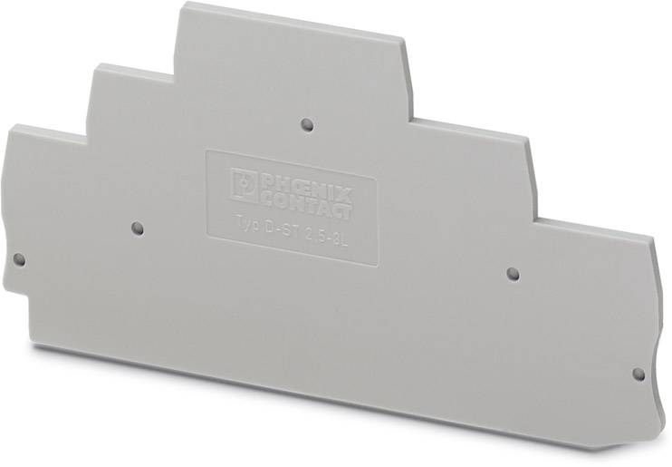 Grey plastic partition wall with the inscription 'PHOENIX CONTACT Type D-UT 2,5-3L', for electrical insulation of switching components.