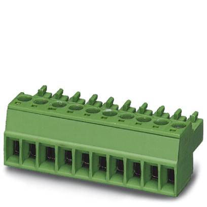 Green printed circuit board terminal block with eight connection terminals, suitable for connecting electrical conductors on a circuit board.