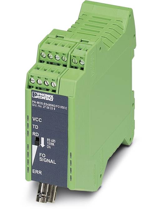 A green communication module from Phoenix Contact with an RS-485 interface and status LEDs. Model number: PSI-MOS-RS485W2/FO 850 E.