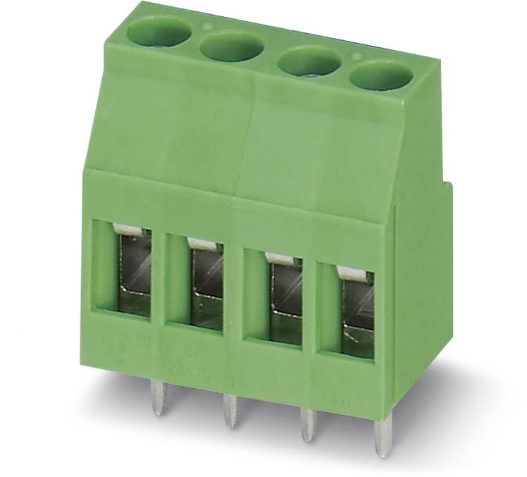 Green electrical power strip with three outlets, suitable for circuit boards. It features metal contacts and a plastic housing.