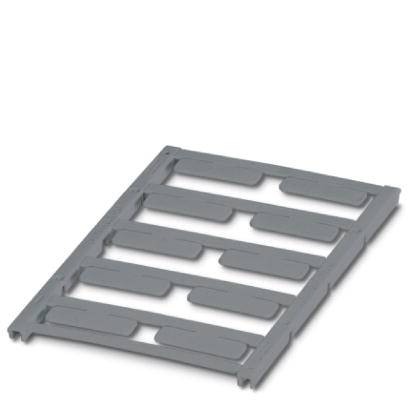 A grey plastic shelf with multiple horizontal slots, designed for holding metal strips or cards.