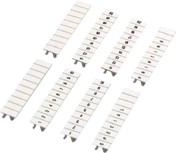 Plug-in marking labels in white, numbered from 1 to 50, for identifying cables or electrical connections.