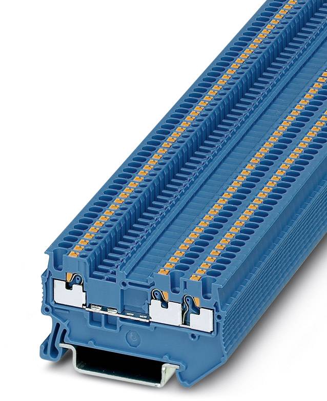 Blue electrical terminal module with multiple connection rows in a close-up view, suitable for industrial applications.