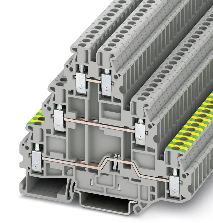 A multi-layered terminal block with grey and partially green-yellow components, suitable for electrical connections.