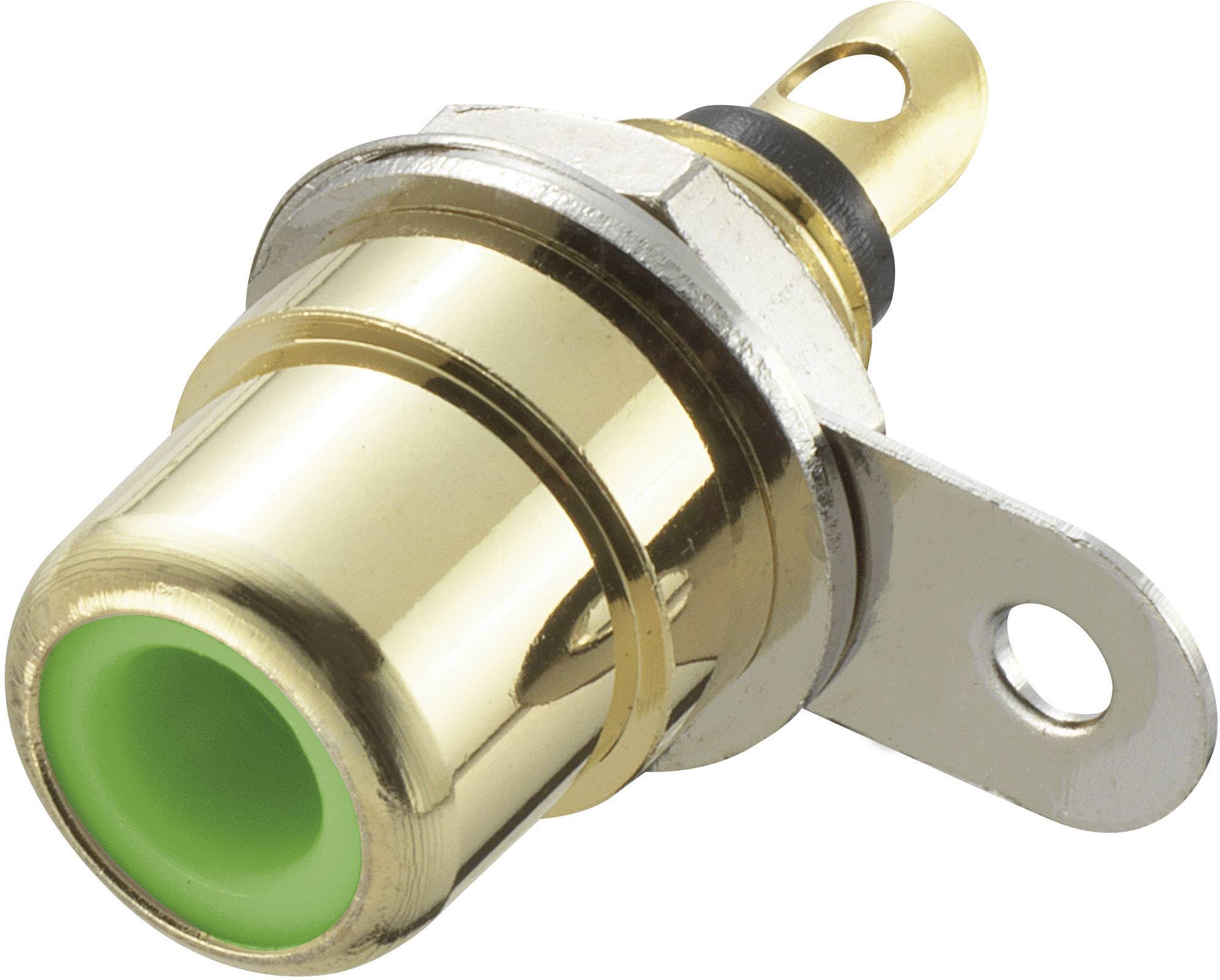 A gold-coloured electrical plug with a green end and mounting plate, commonly used for audio connections.