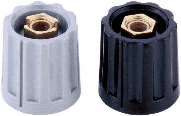 Two rotary knobs, one grey and one black, with brass inserts. They are smooth and ridged, suitable for potential use on devices.
