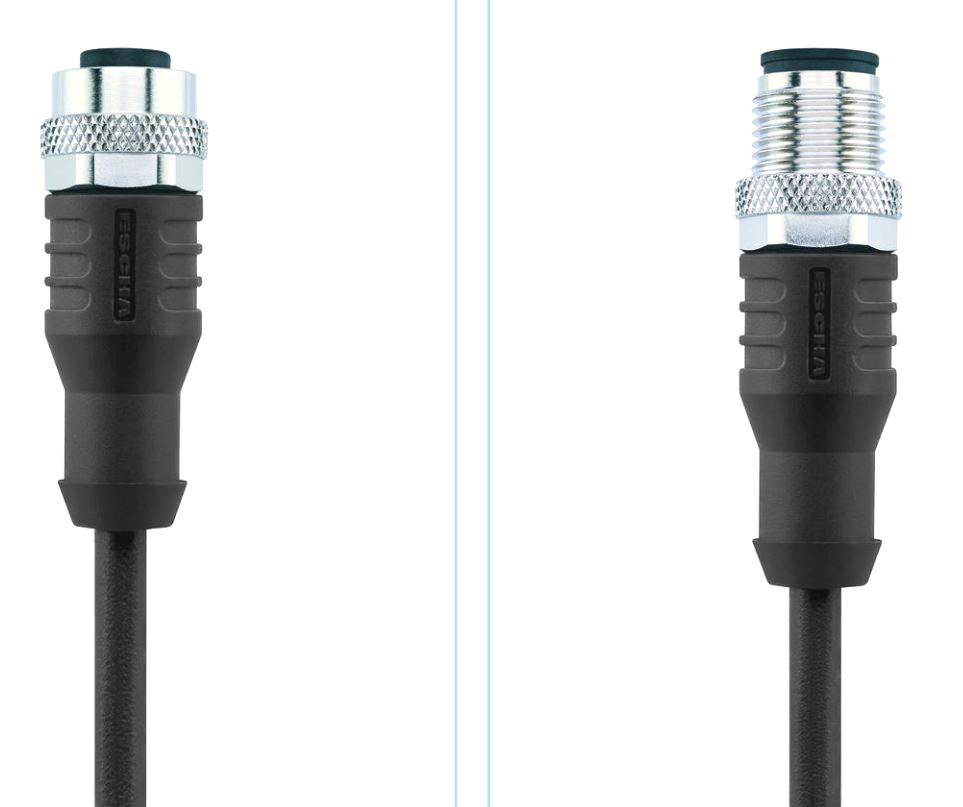 Two black connector plugs with metal threading and cables, positioned parallel to each other. On the left is the socket, and on the right is the plug.