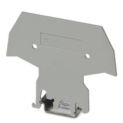Grey metal clip holder with rectangular top surface, two side holes and embossed manufacturer's logo, used for fastening.