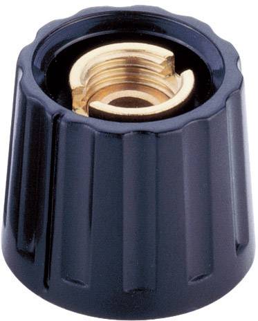 Black plastic knob with an internal metal thread, commonly used for gas or water taps.