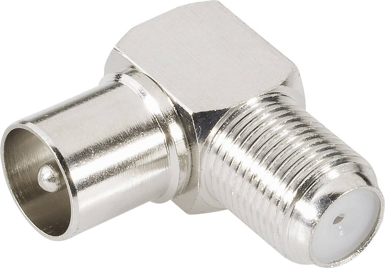 Metal right-angle adapter for coaxial cables with male and female connectors.