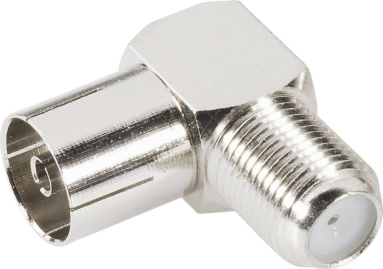 A silver coaxial adaptor with an angled design, used for connecting cable TV or satellite signals.