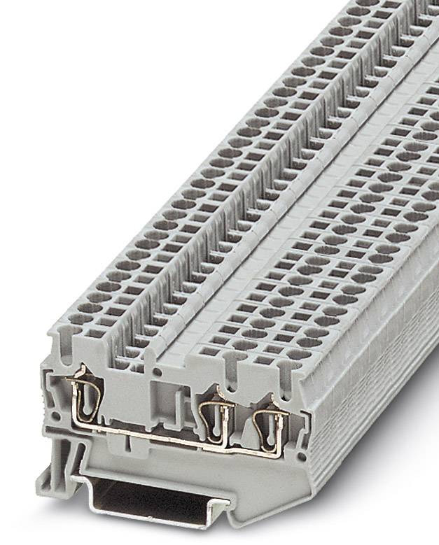 Grey multi-storey terminal block module with multiple rows of connection points, used in electrical connections and controls.