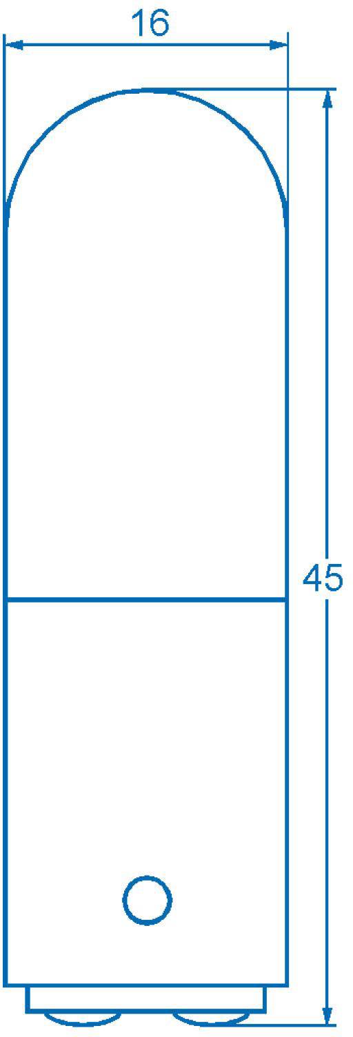 Technical drawing of a cylindrical object. Height 45 units, width 16 units. Lower section with circular detail.