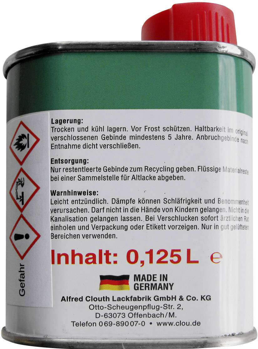 Red metal bottle with warning symbols. Contains 0.125 L paint remover. Storage and disposal instructions in German.