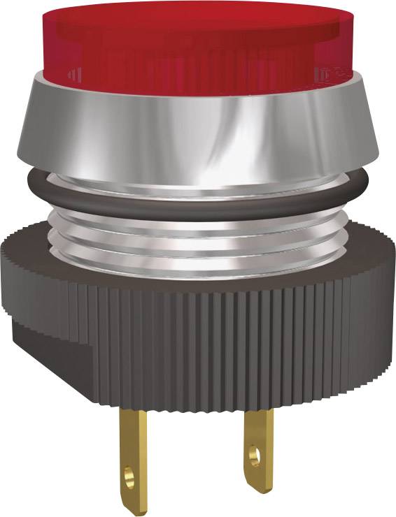 A red, round push button with a metal bezel and plastic housing. The contacts are visible underneath. Ideal for control applications.