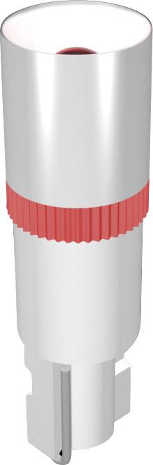 A cylindrical LED lamp with a silver surface and a red band in the middle. It has a plug connection at the bottom end.