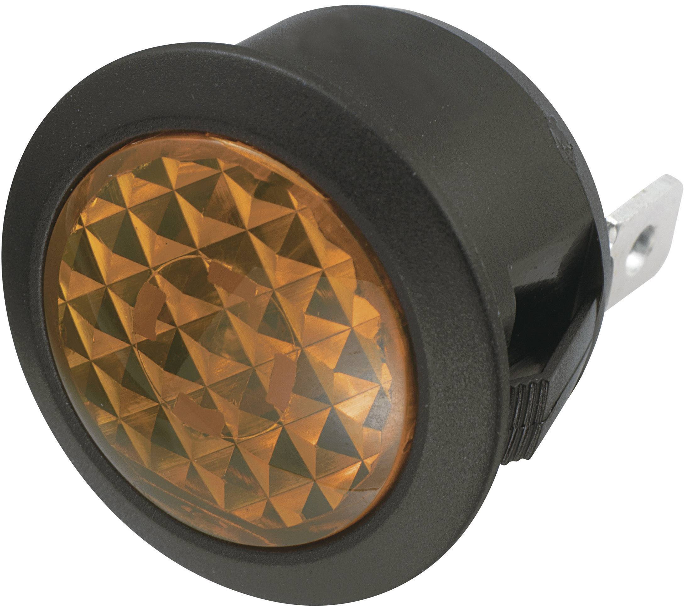 Round, black rocker switch with an orange, prismatic surface that reflects light.